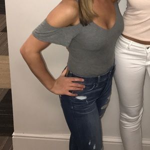 Grey cold shoulder body suit